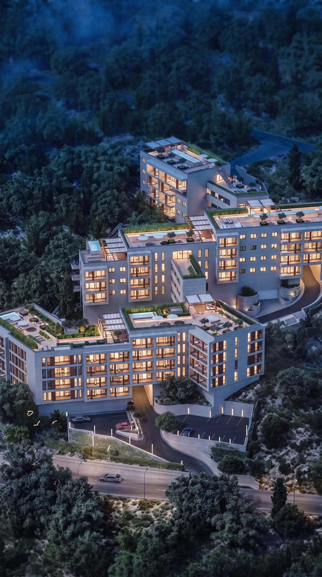 The House Project Kotor, luksuzni kompleks sa krovnim bazenima noću